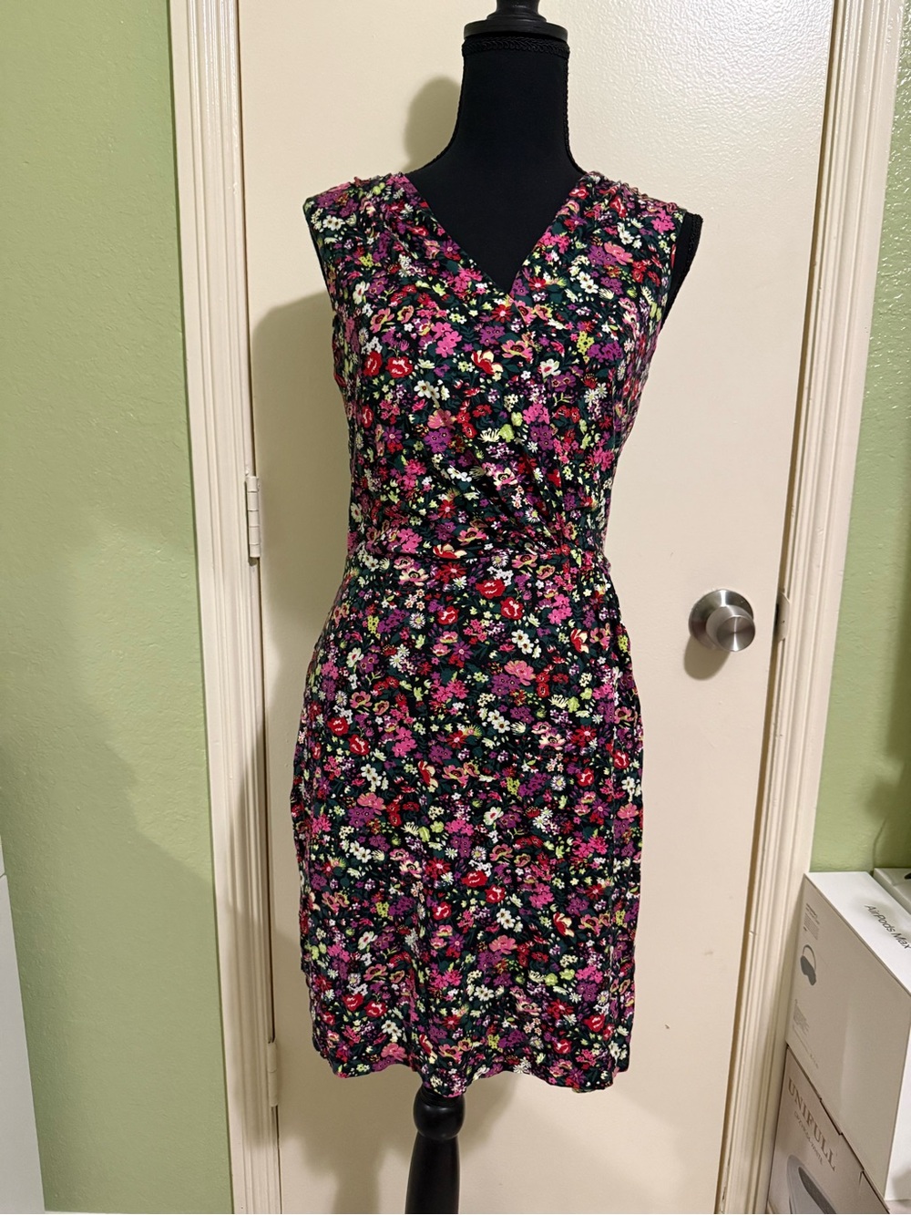 Sleeveless Floral Wrap-Style Mini Dress in Black with Pink & Green